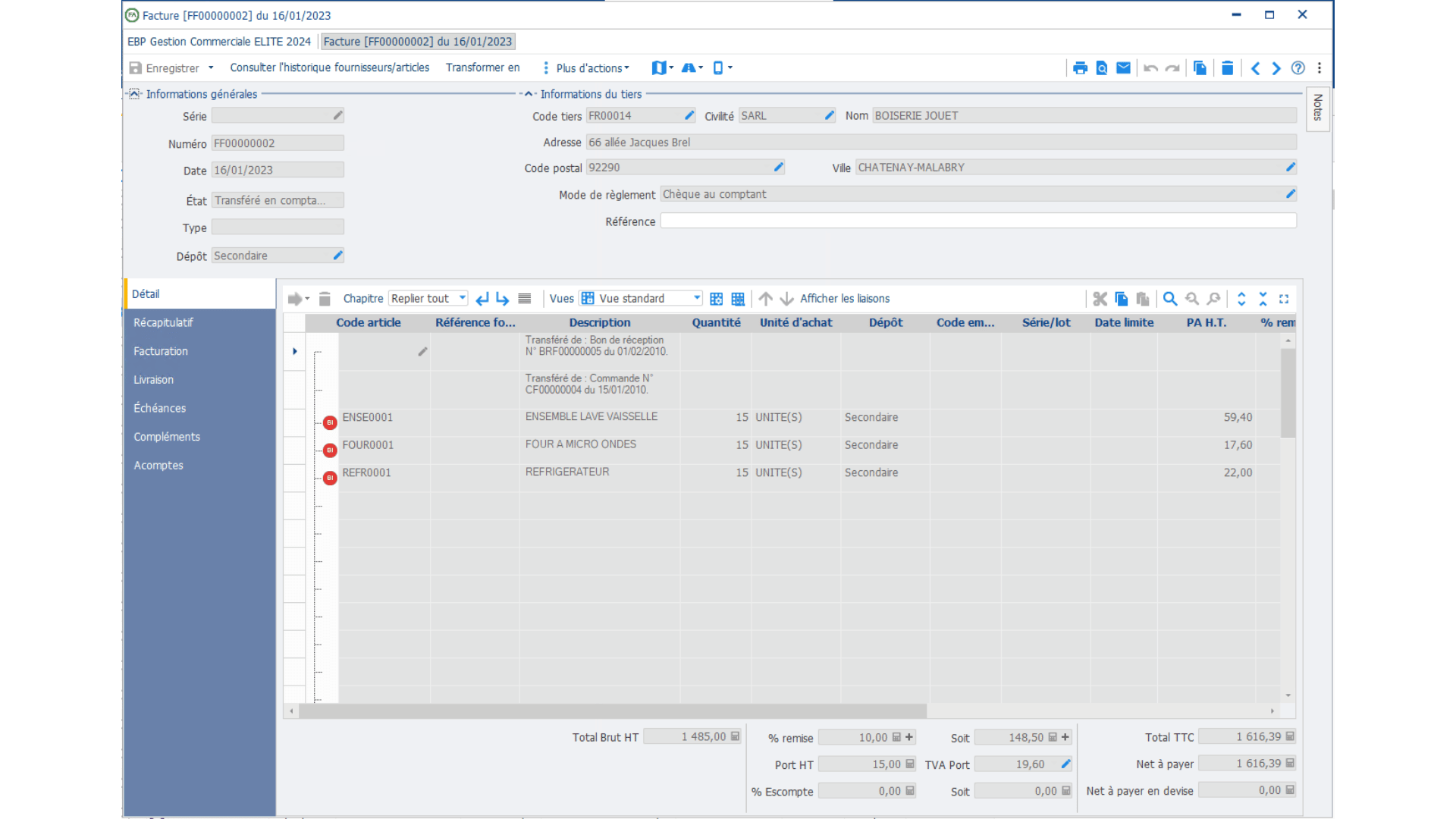 Exemple d'un document d'achats de type facture dans la gestion commerciale EBP