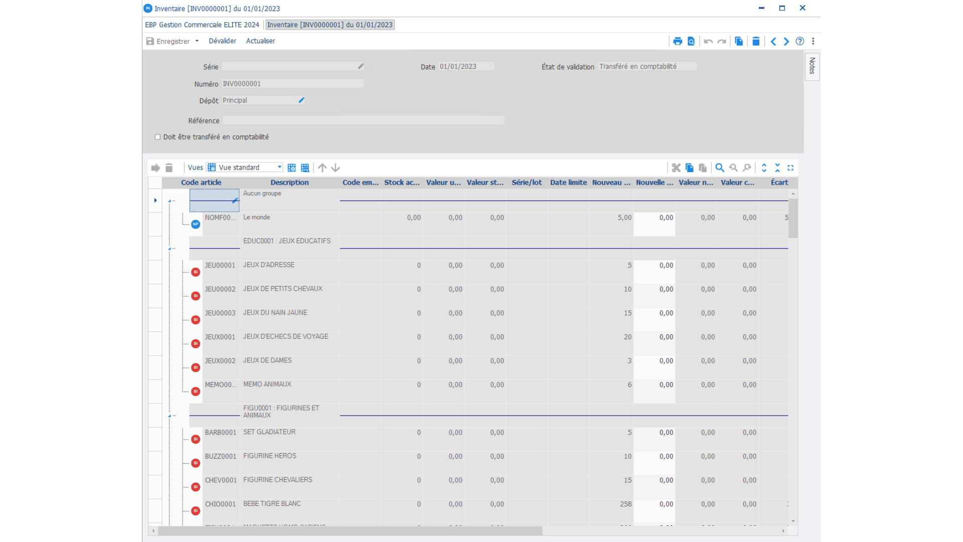Exemple d'un document de stock avec un inventaire dans la gestion commerciale EBP