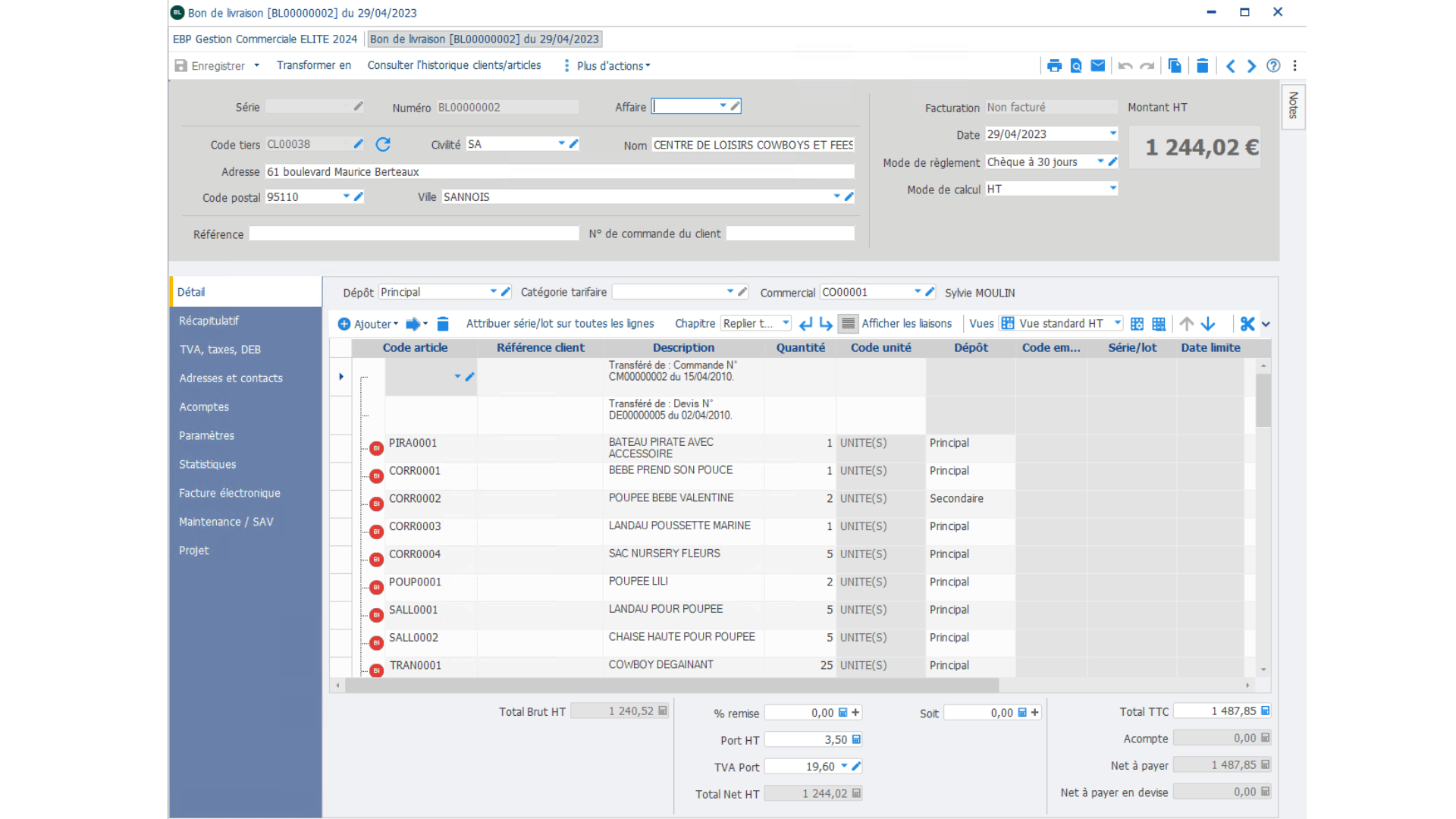Exemple d'un document de type bon de livraison dans la gestion commerciale EBP