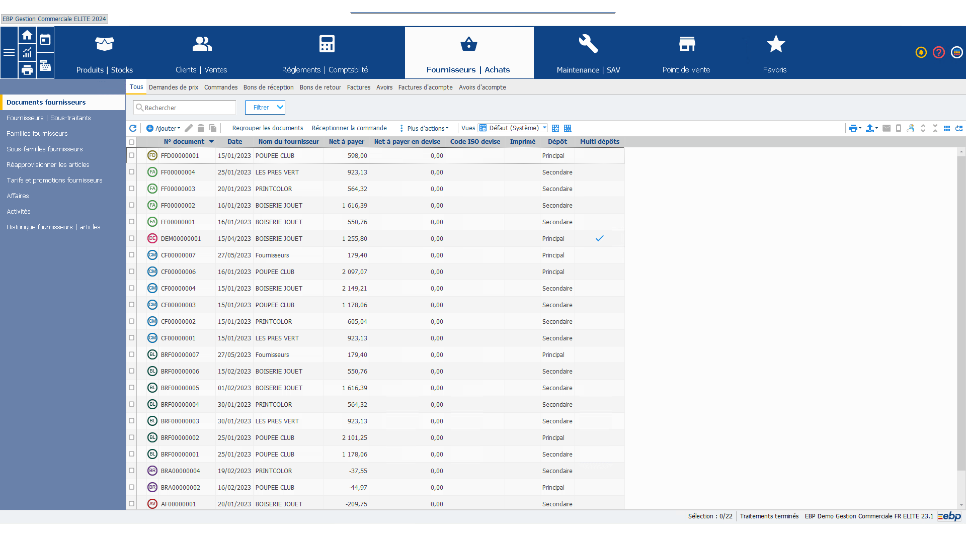 Onglet fournisseurs et achats dans la gestion commerciale EBP