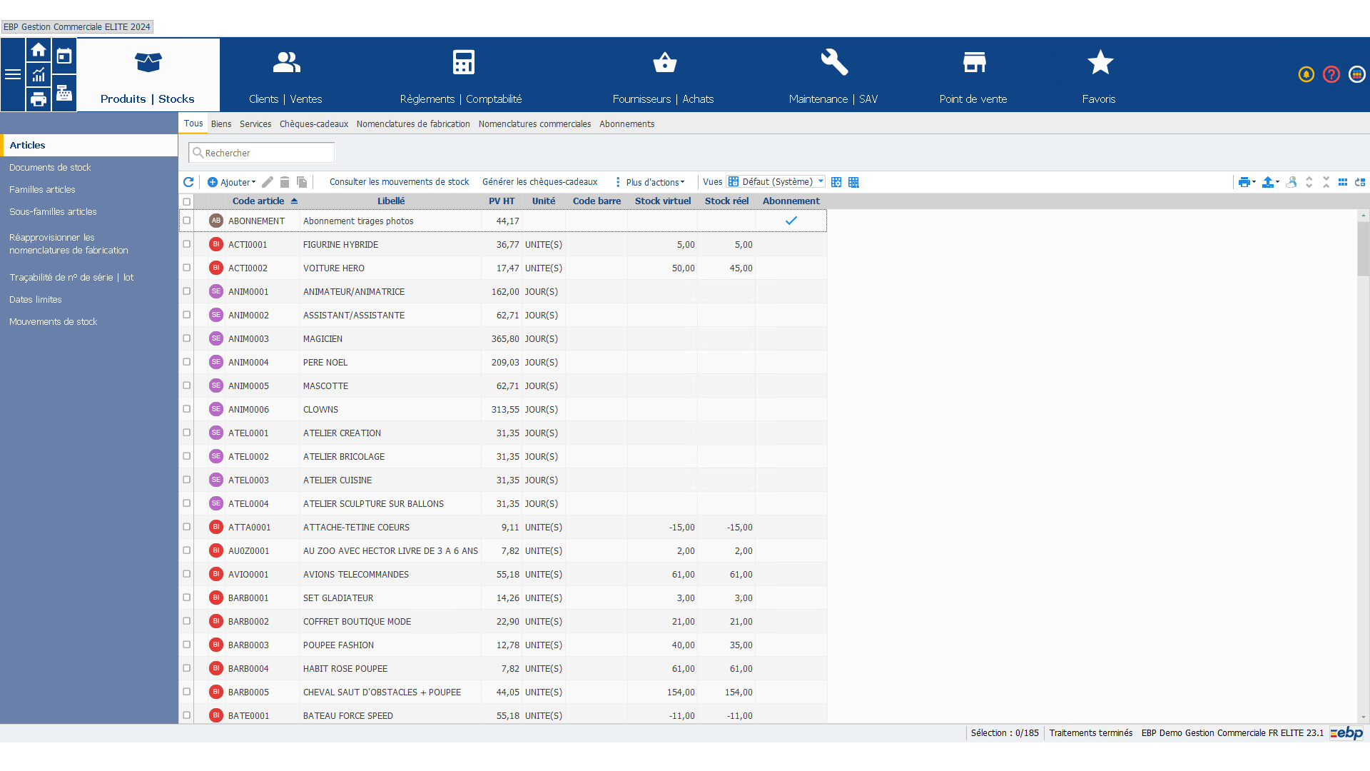 Illustration des stocks avec l’onglet produits et stocks