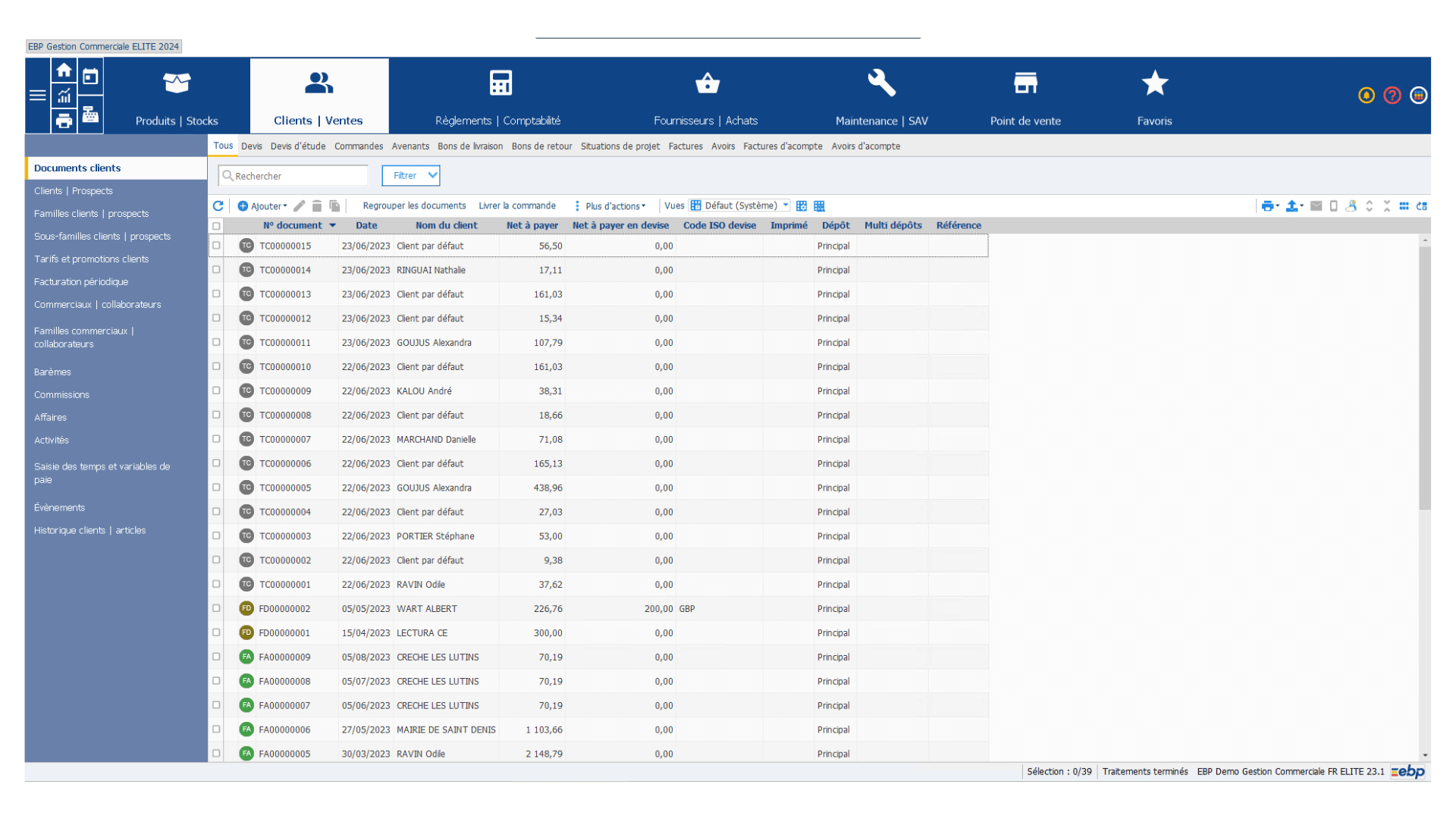 Onglet client et ventes dans le logiciel EBP gestion commerciale