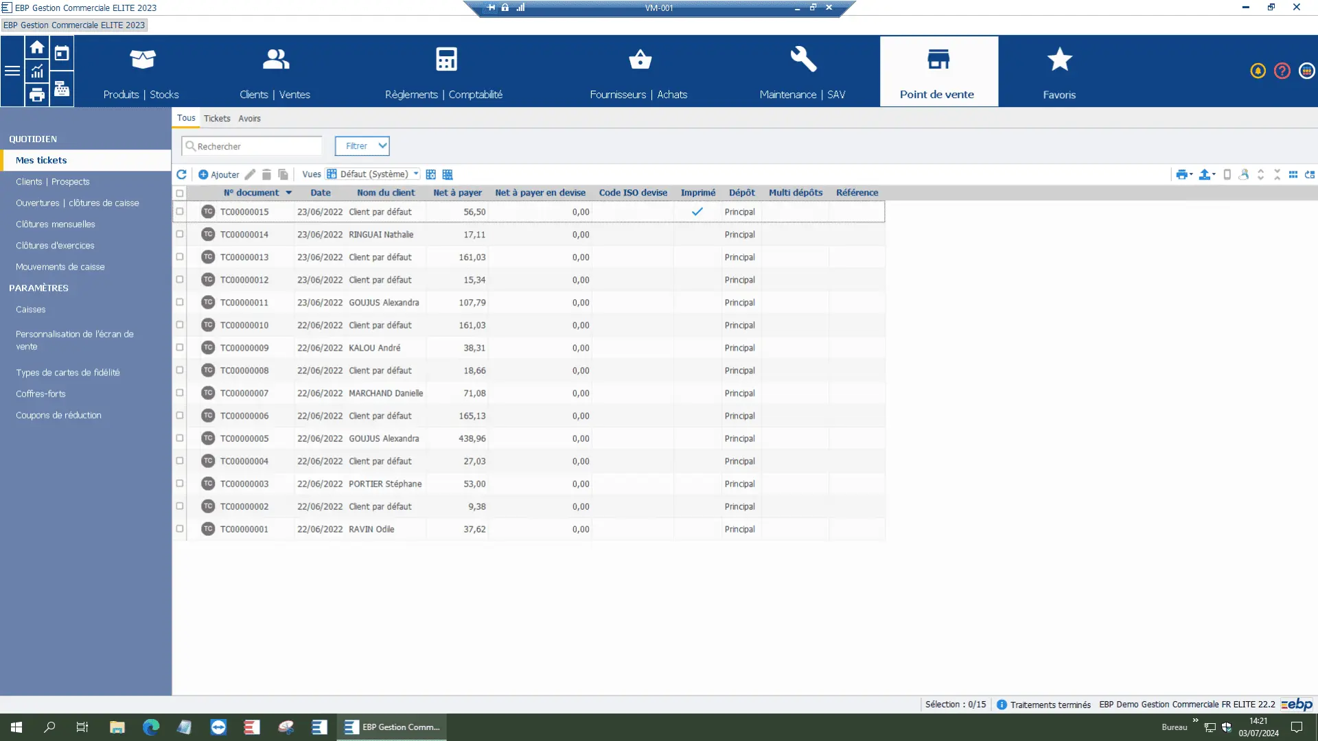 Écran du back office du Point de Vente