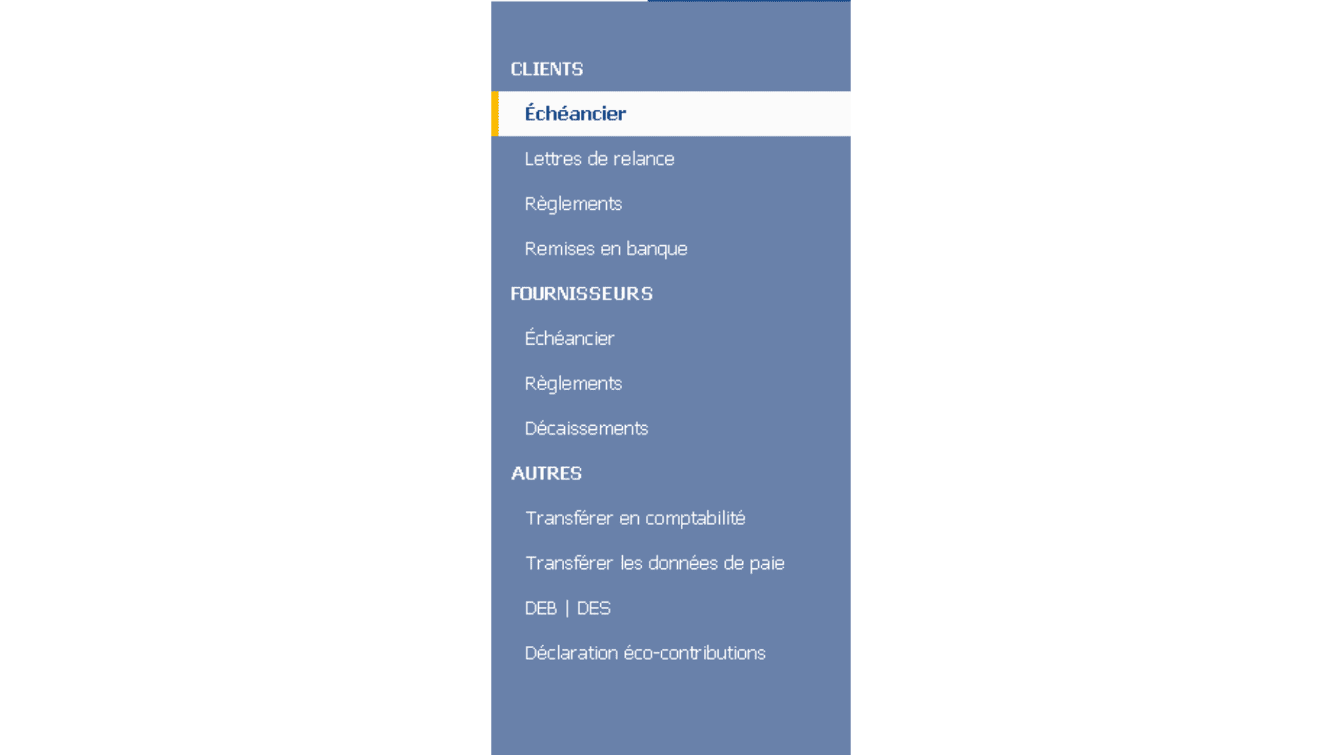 Menu des règlements dans la gestion commerciale