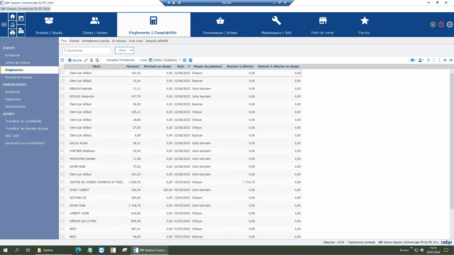 Règlements clients dans la gestion commerciale en liste