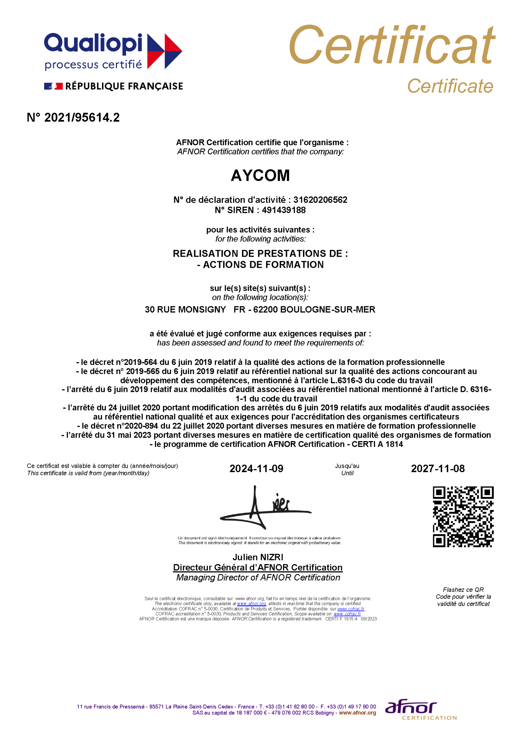 Certificat qualité - QUALIOPI - centre de formation pro AYCOM